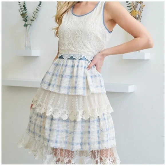 RYU Plaid embroidery lace ruffle cottagecore Cocktail Easter Dress spring summer - Picture 7 of 13